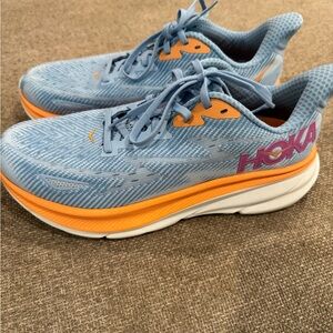 HOKA Clifton 9 Sky Blue and Vibrant Orange Sneakers